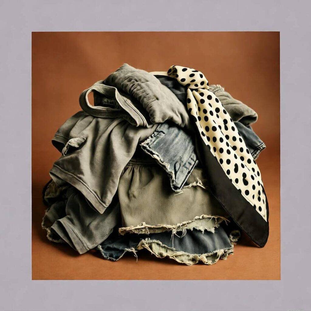 Piled torn clothes with polka dot scarf, burnt orange and lavender tones.
