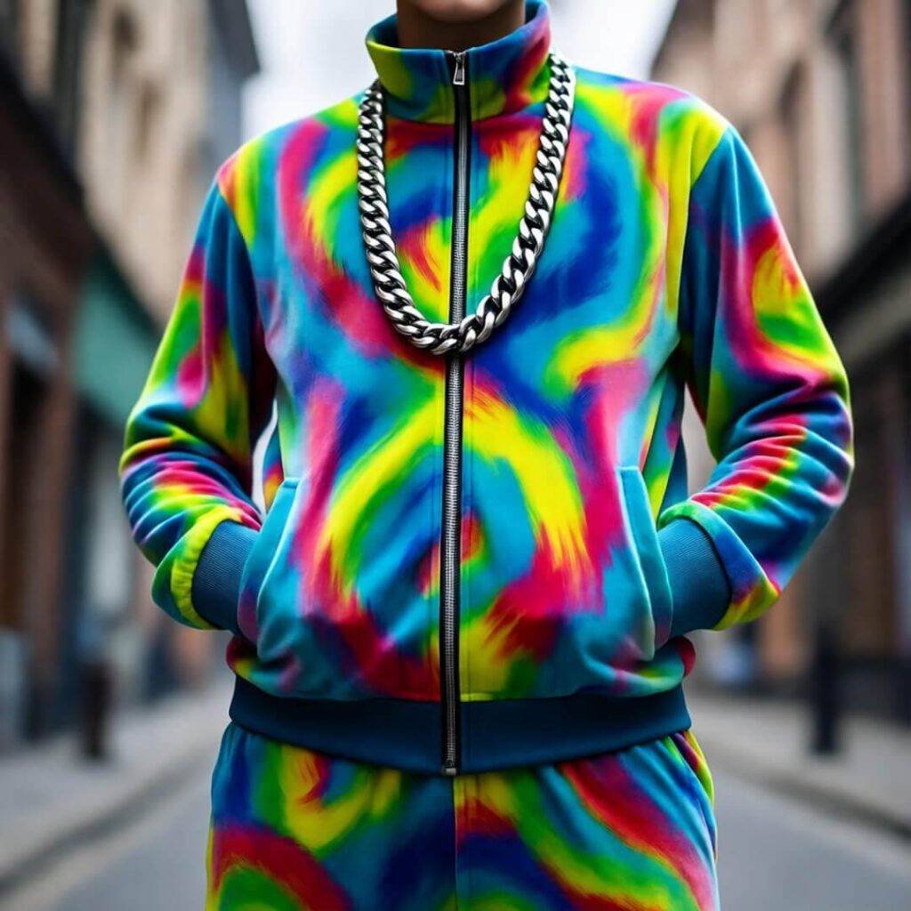 A person in a vibrant, tie-dye tracksuit and a thick silver chain.
