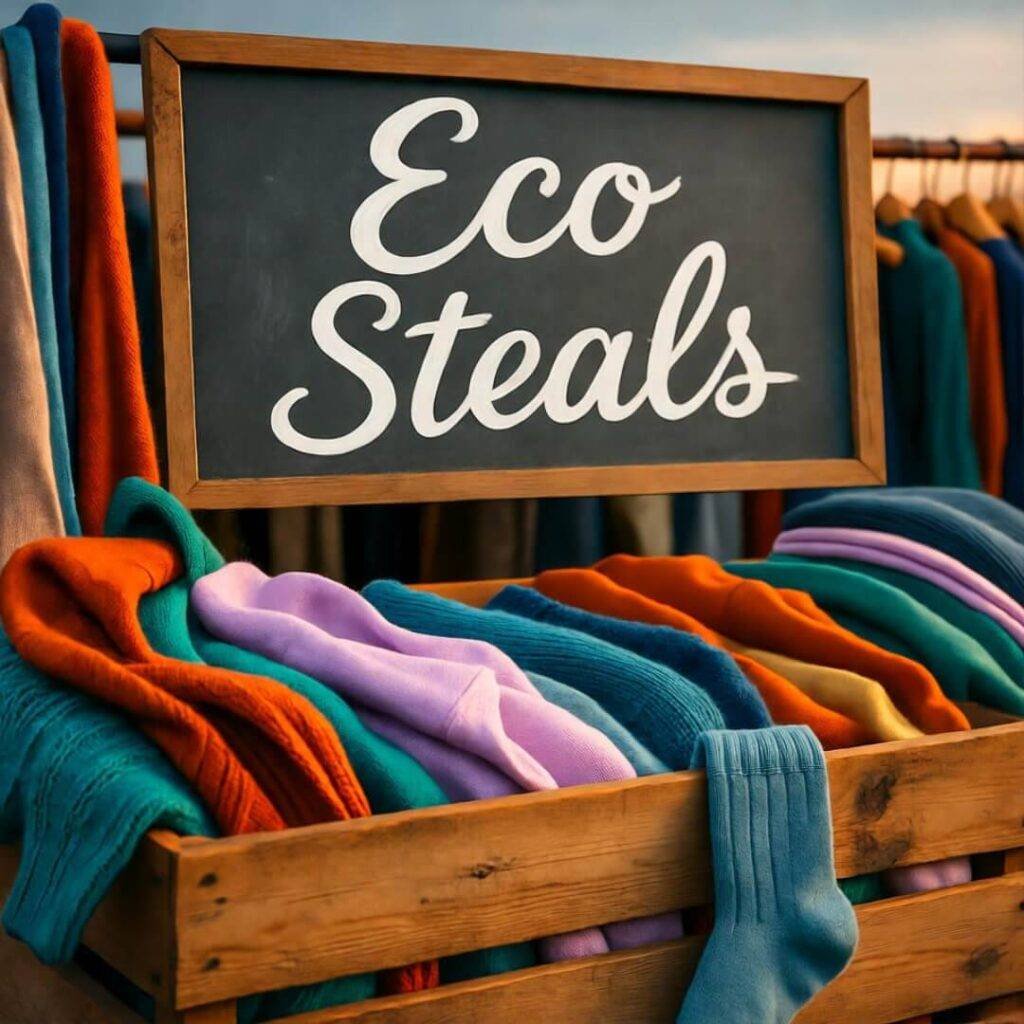 Grainy thrift stall at dusk, "Eco Steals" sign, clothes spilling, dangling sock, colorful.