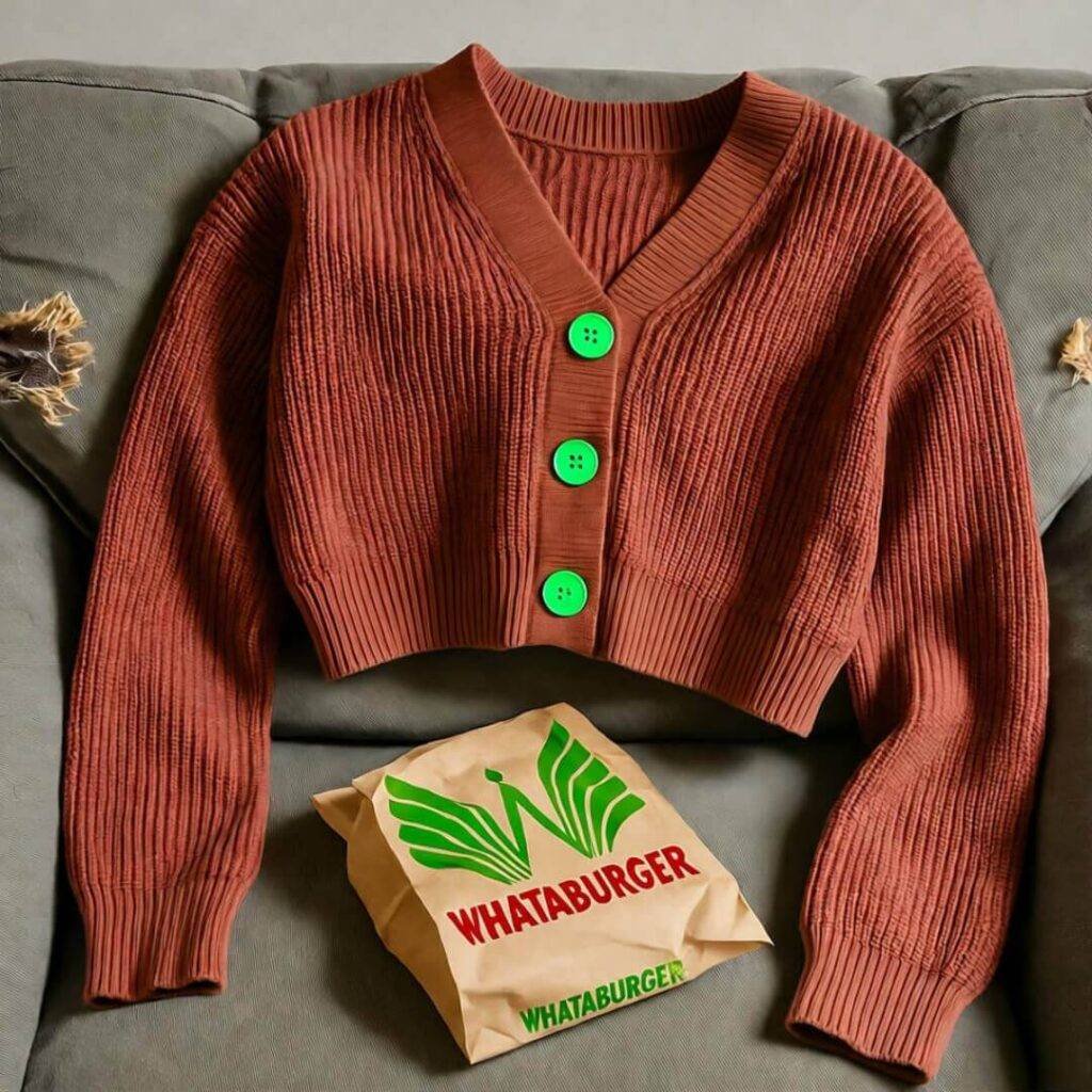 Cropped sweater with lime buttons on couch, half-eaten Whataburger wrapper nearby.
