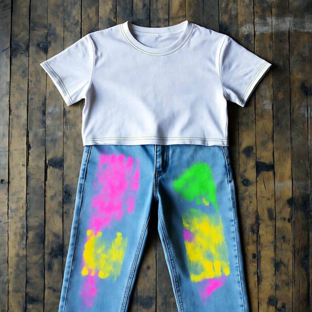 Upcycled jeans with neon splashes, cropped tee with stitches, on scratched floor.