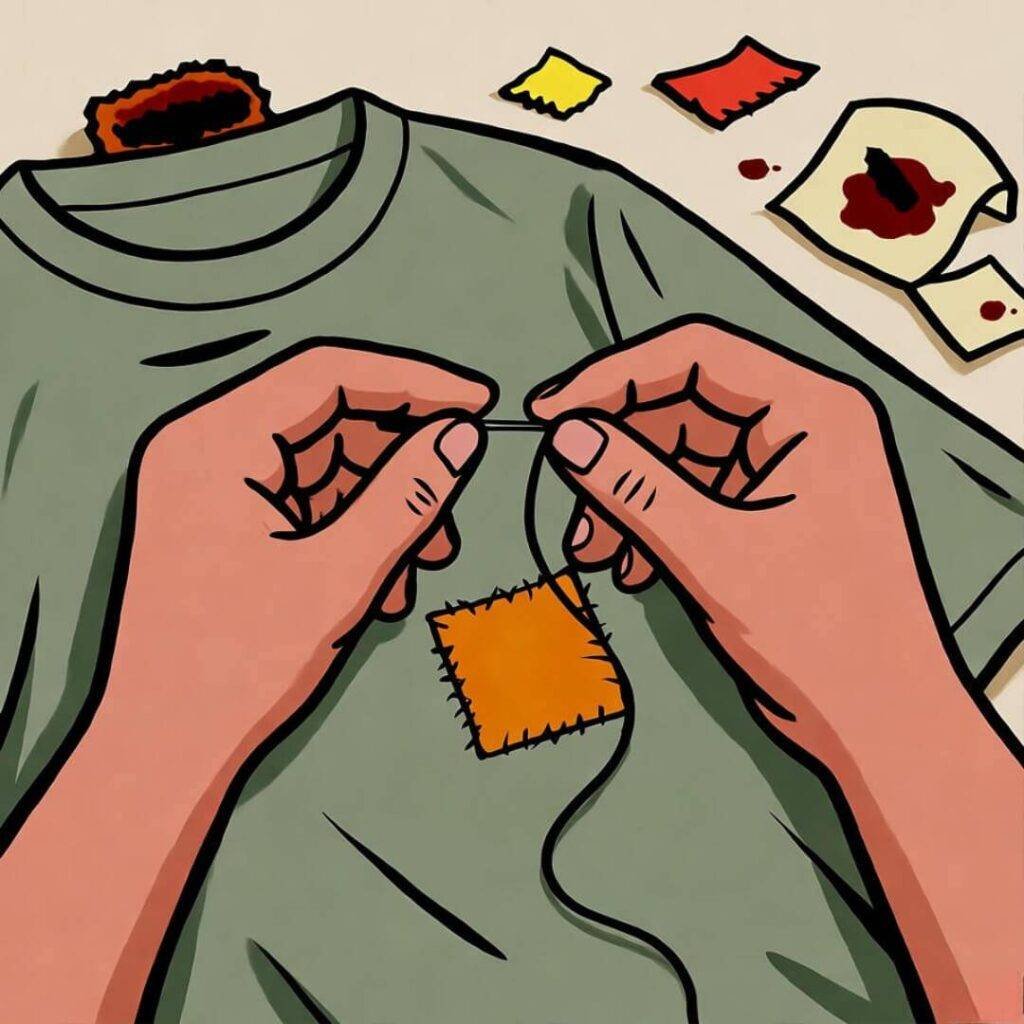 Fumbling hands sew patch on ripped shirt, taco-stained scraps, olive green, coral.