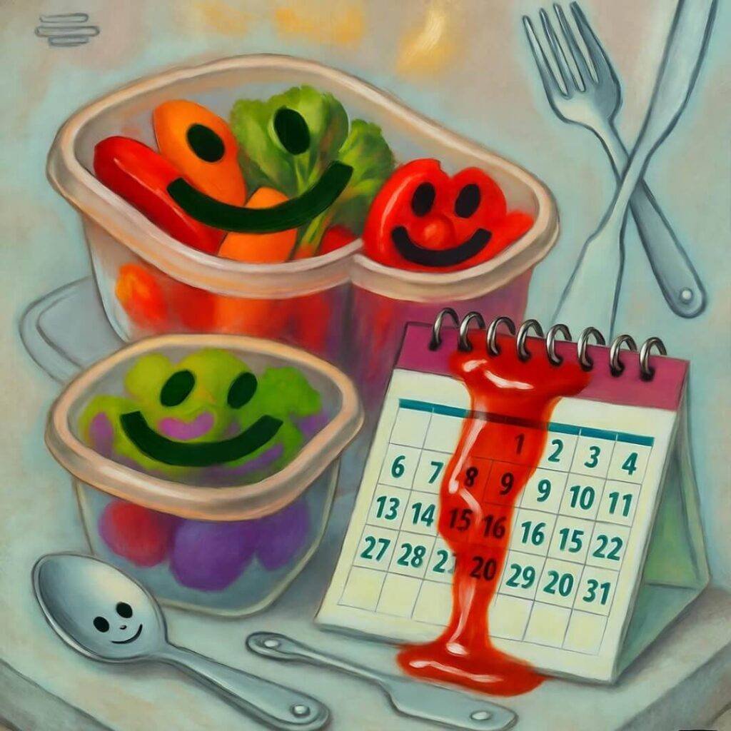Smiley veggies in Tupperware, sauce-dripping calendar, dancing utensils in vibrant tones.