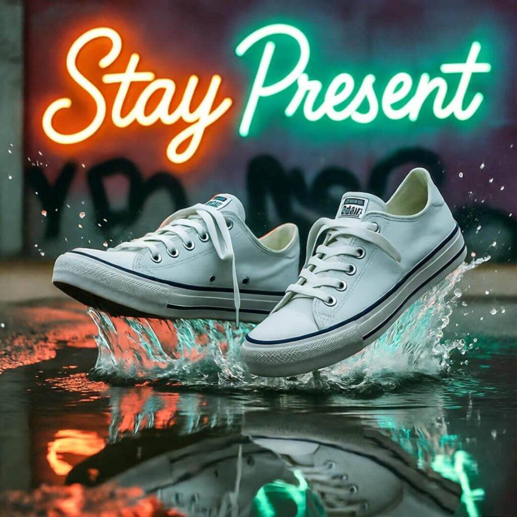 Sneakers splash in Seattle puddle, neon "Stay Present" reflects, orange-teal on gray.
