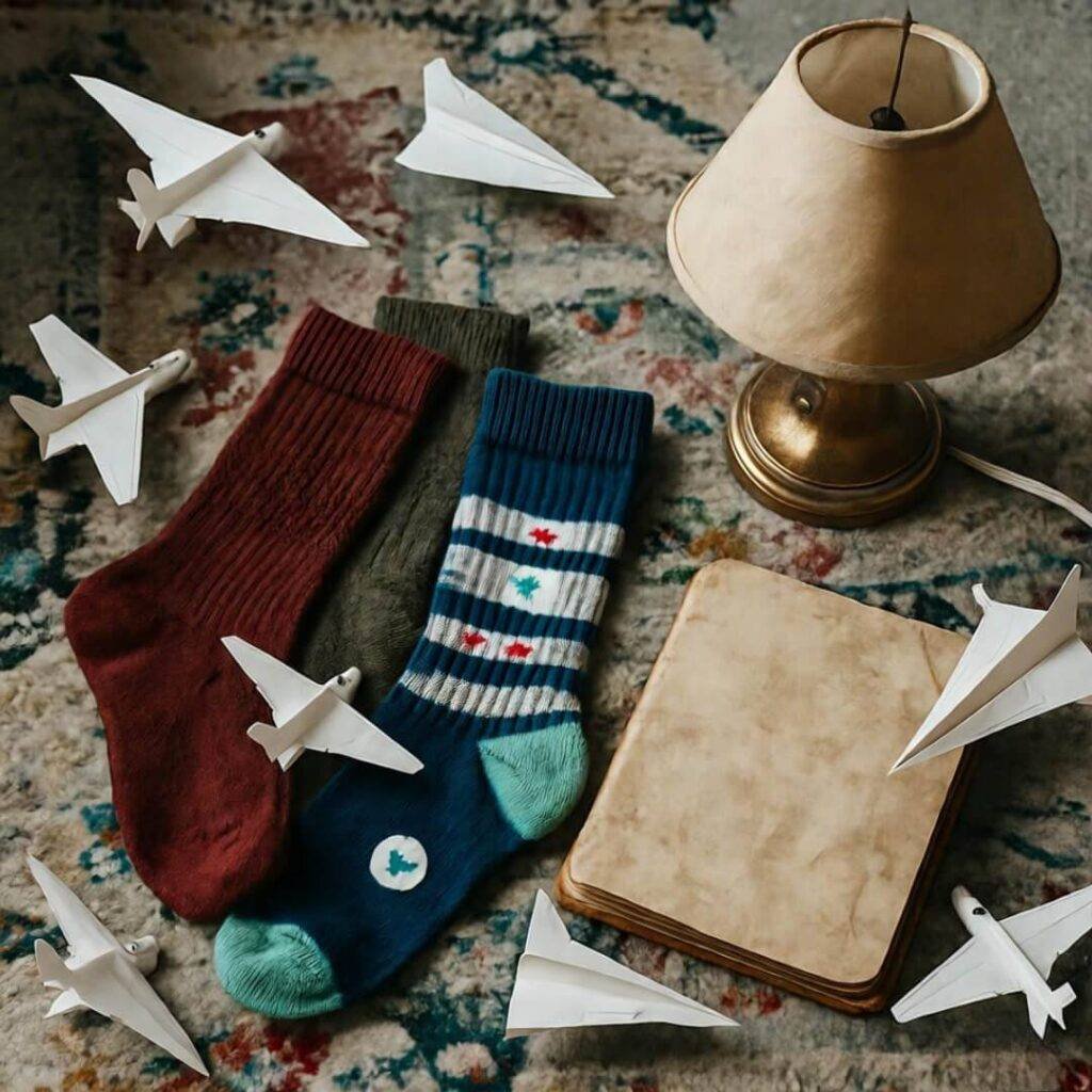 Thrift haul on rug: mismatched socks, vintage lamp, journal, paper airplanes.