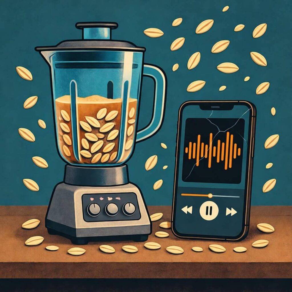 Vintage kitchen counter, smoothie fail with oats, phone podcast, teal and orange tones, bittersweet.