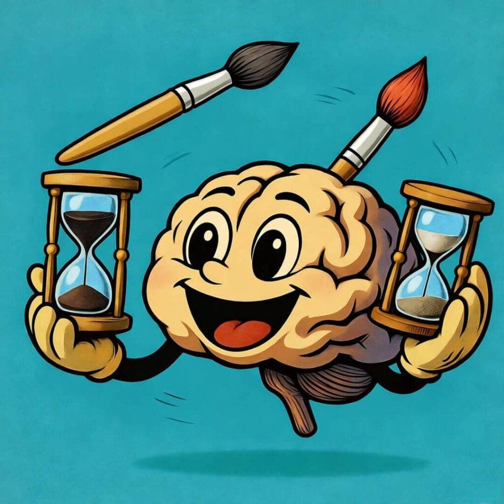 Vintage cartoon brain juggling brushes and timers, mustard yellow, turquoise, peppy vibe.