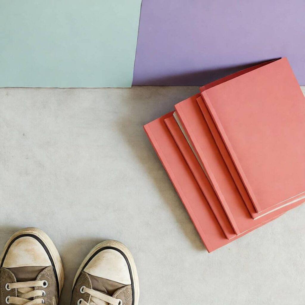 Weird-angled derm waiting room, coral magazines, scuffed sneakers, mint-lavender tones.