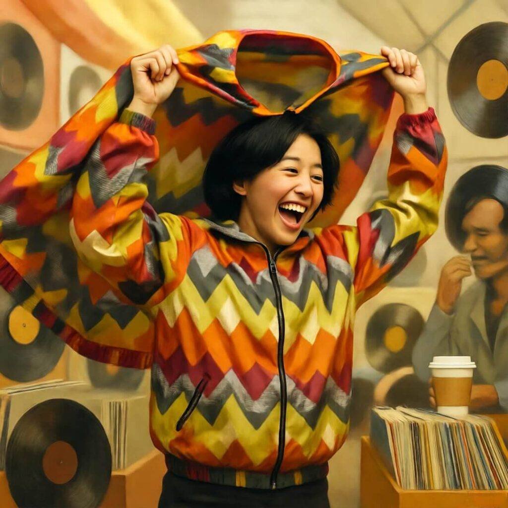 Person laughing at flea market with 80s windbreaker, vinyls, and coffee vendor.