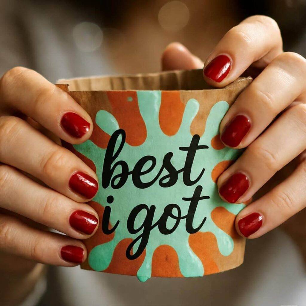 Hands with chipped red polish hold coffee sleeve with mint and tangerine splash.