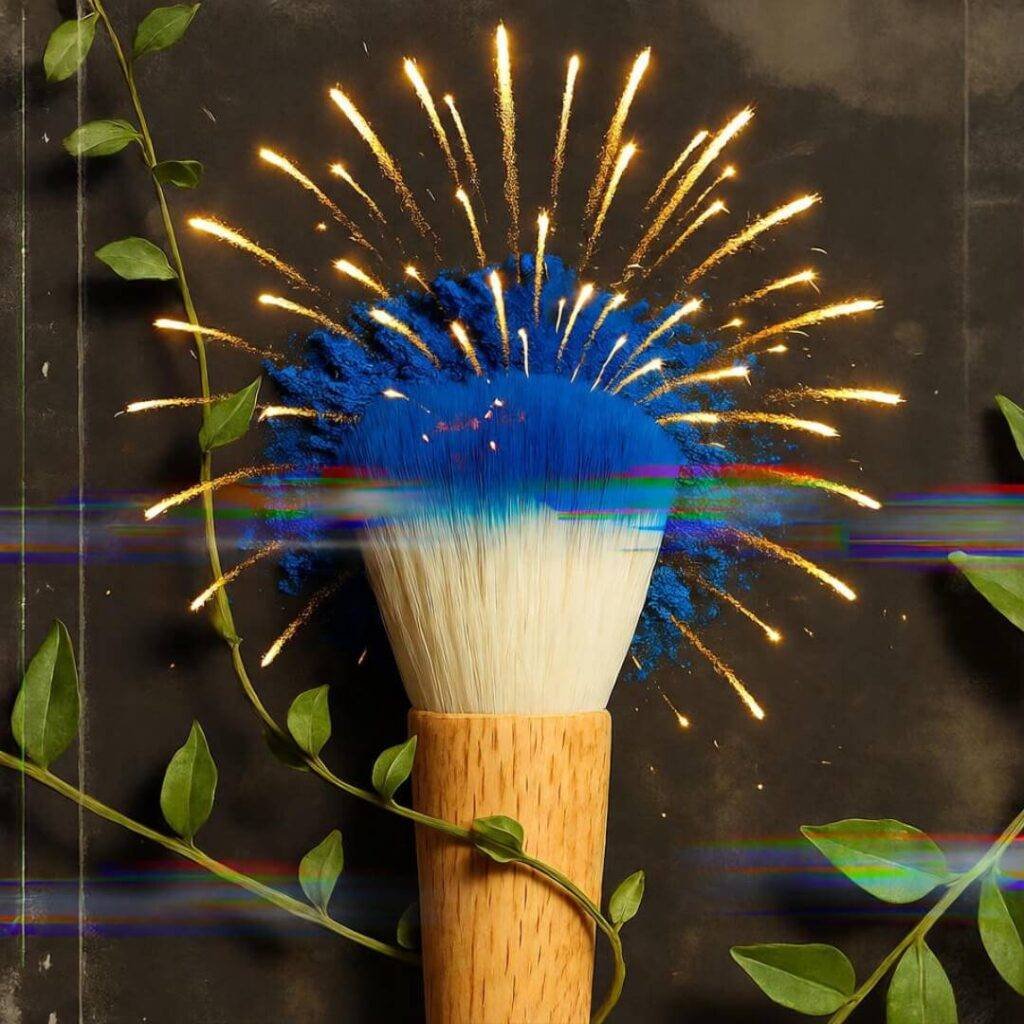 Makeup brush dips in shimmery blue pigment, vines wrap handle, glitchy vintage vibe.