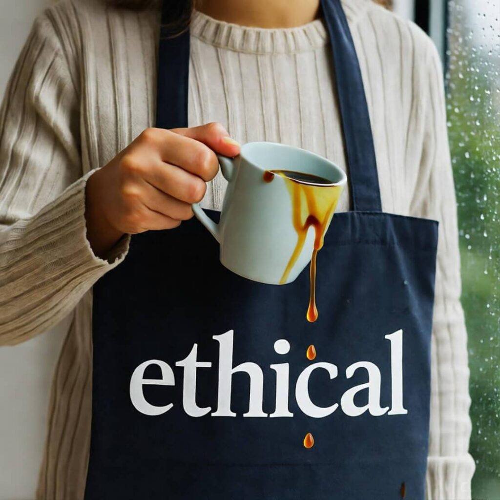 Coffee spills on "ethical" tote in rainy Seattle café, tilted "oops" view.