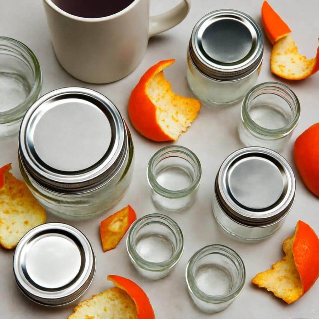 Overhead view of scattered jars and orange peels, coffee mug photobombs kitchen table.