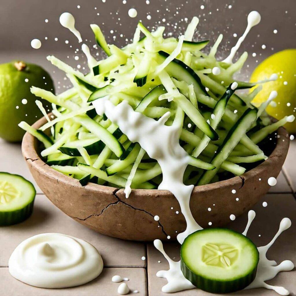 Messy cucumber shreds and yogurt splats in cracked bowl, lime on floor.