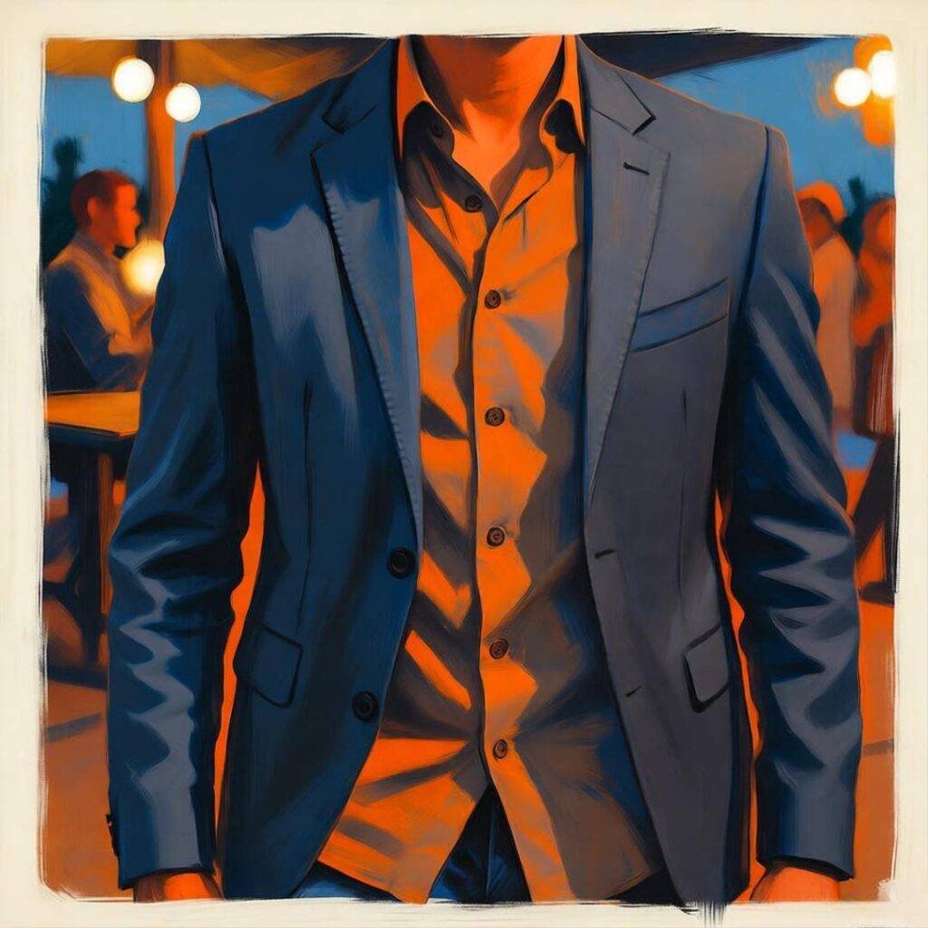 Dude in sharp blazer, half-untucked shirt, rooftop bar, navy and tangerine tones.