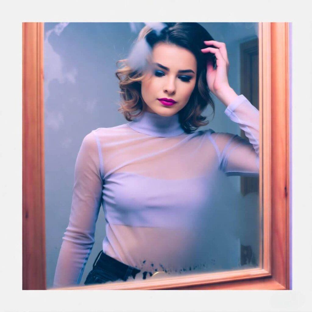 Woman in sheer blouse adjusts hair in wooden-framed mirror.