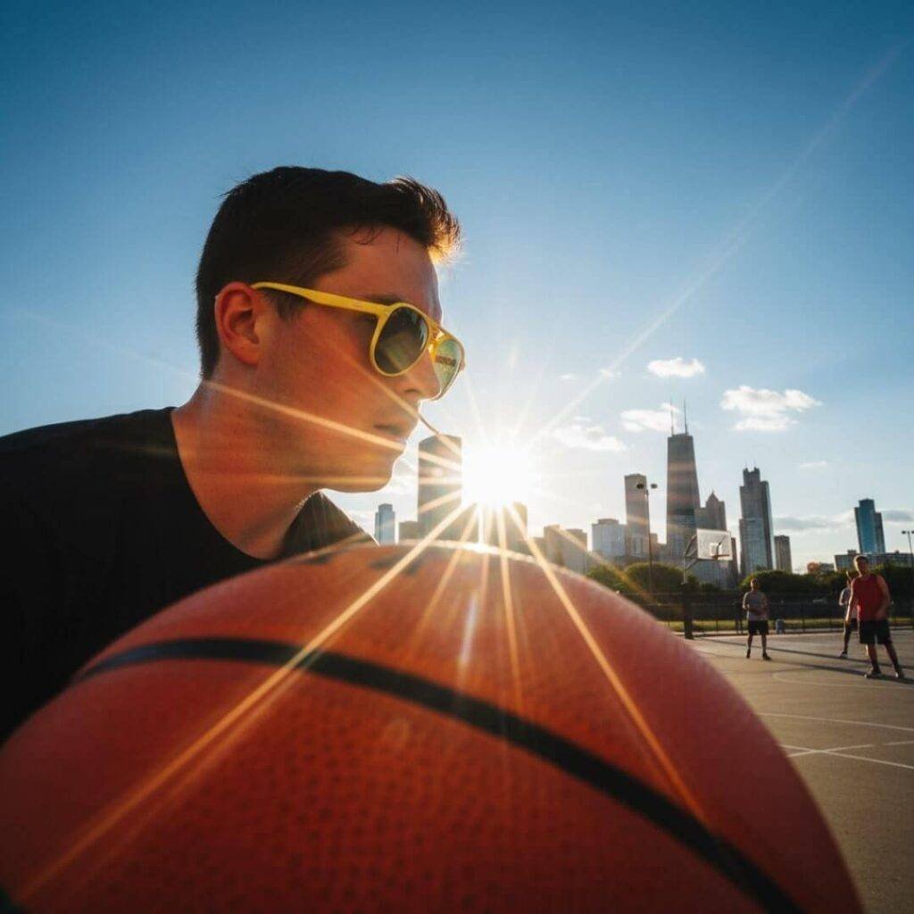 Sweaty person in yellow aviators playing basketball in Chicago, lens flare.
