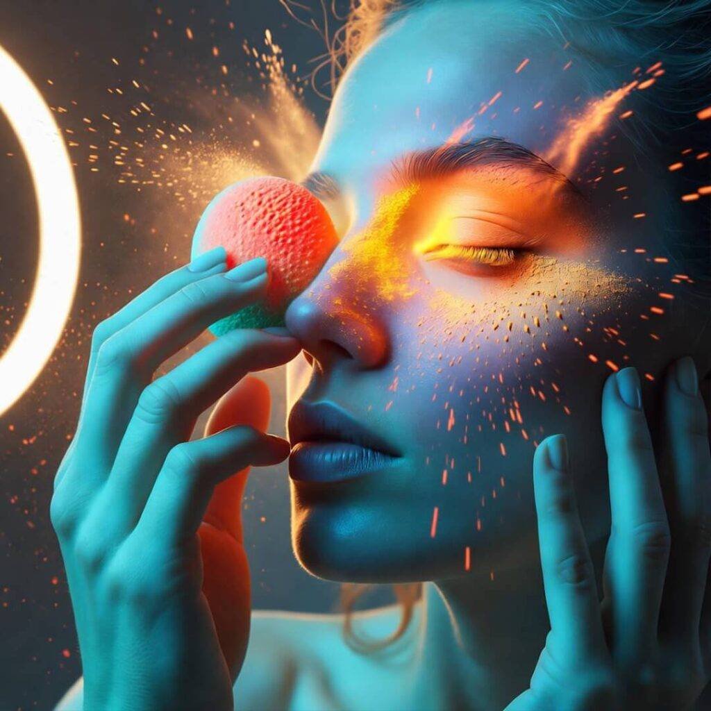 Personal holographic eye disaster in 2025 TikTok style, sideways snap with popping turquoise and orange bursts.