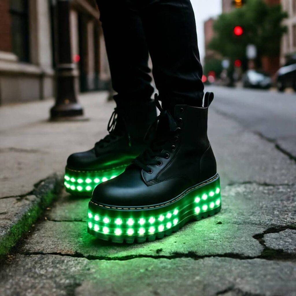 Gritty figure stomping in glowing lime green LED boots on Chicago sidewalk.