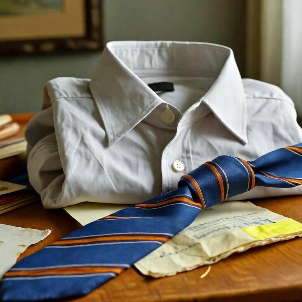 Half-ironed shirt, striped tie, crumpled Post-it on desk, orange-blue hues.
