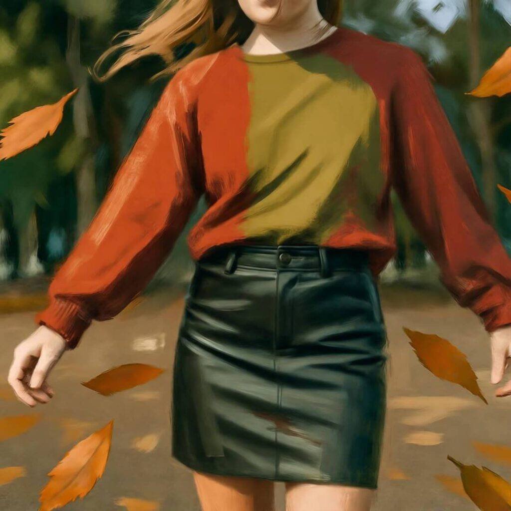Blurry figure spins in leather skirt and sweater, leaves fly in park.