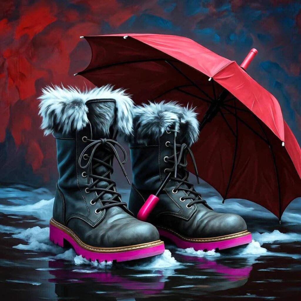 Fur-lined boots in slush, tilted red umbrella, crimson, navy, neon pink clash.