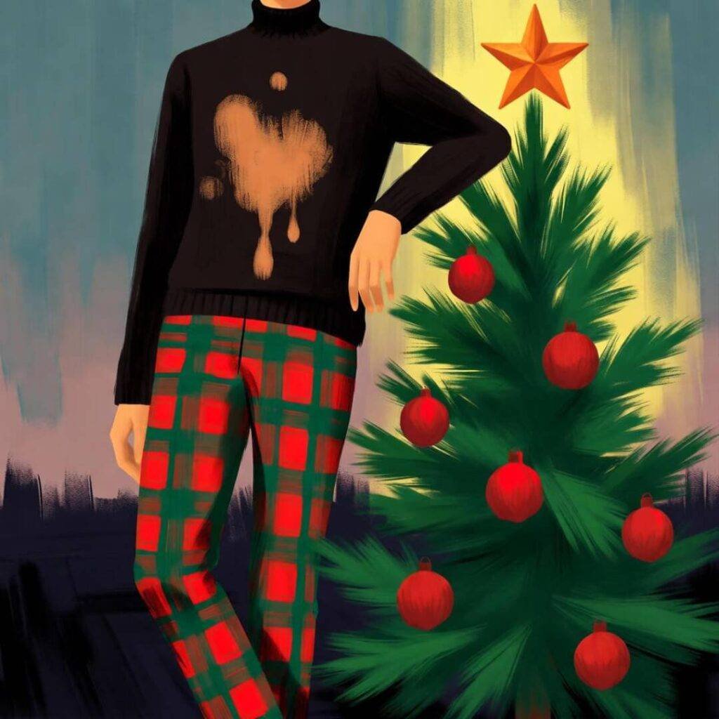 Person in plaid pants with hot chocolate stain, leaning on Christmas tree.