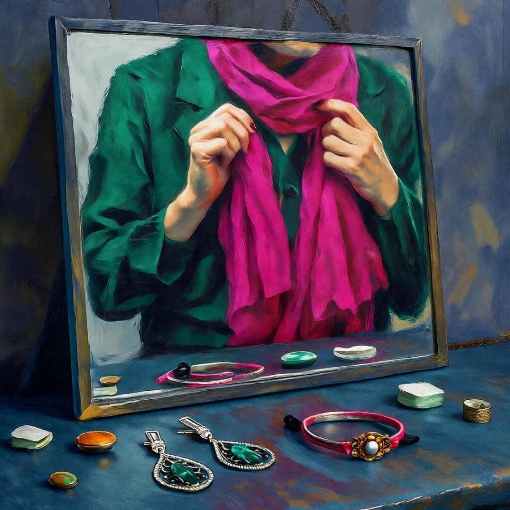 Messy desk with mirror, person fumbling scarf, scattered jewelry in impressionistic style.