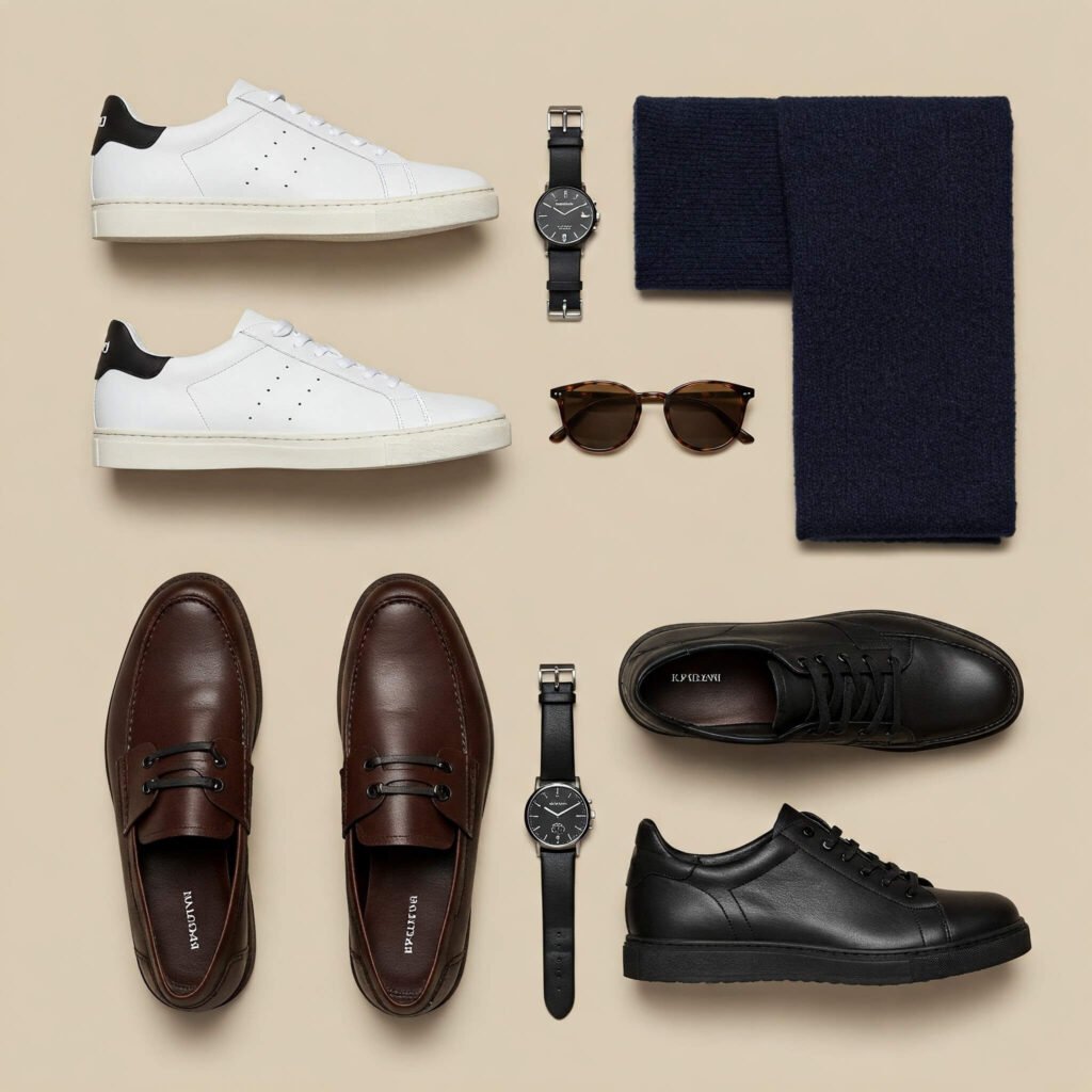 Men's shoes and accessories flat lay.