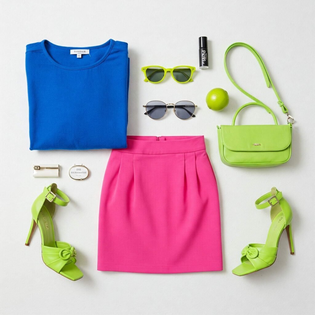Colorful outfit flat lay: blue, pink, green