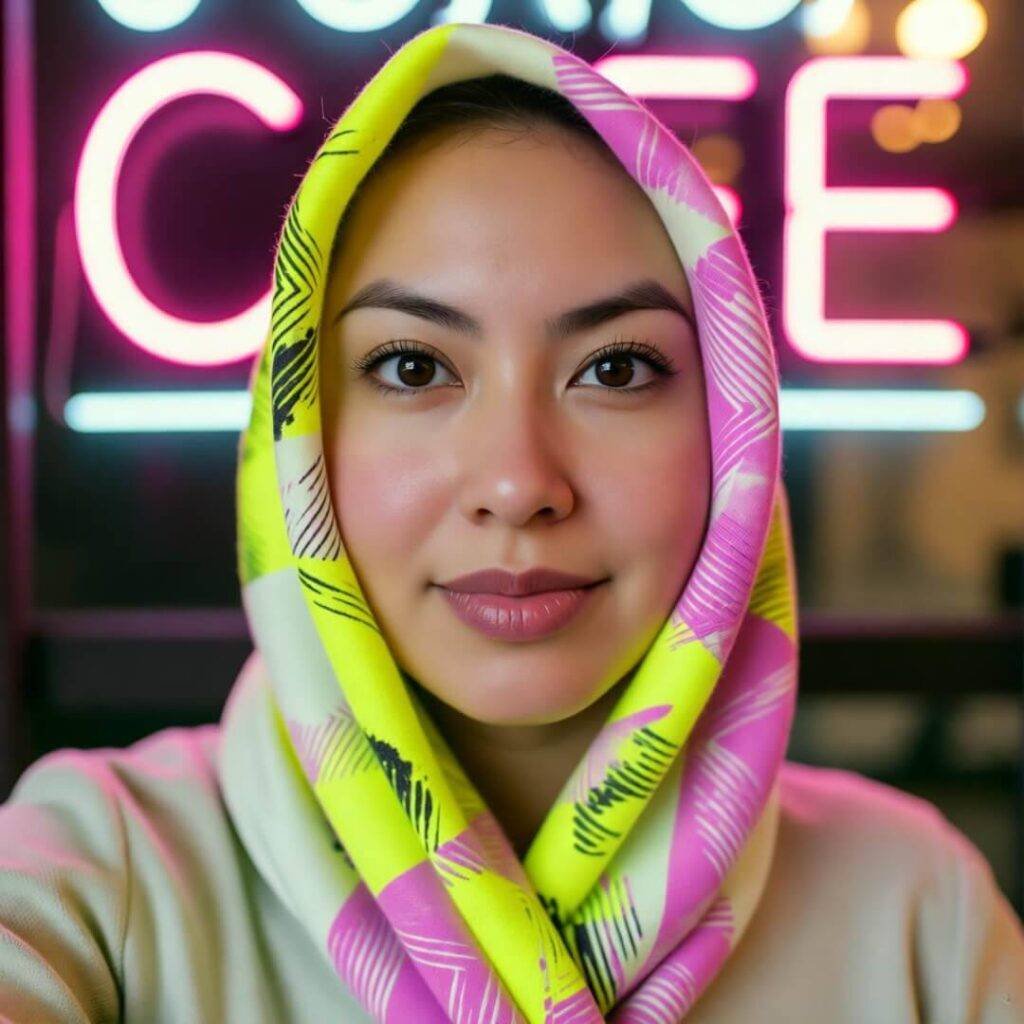 Selfie in Brooklyn café, clashing K-fashion scarf, glowing neon sign.