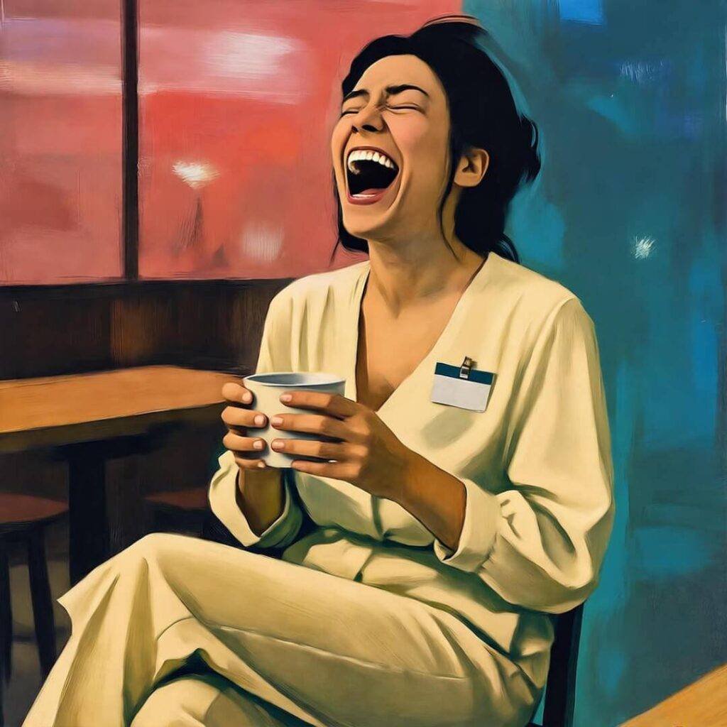 Crooked pic of person cackling in coffee shop, wrong name tag, bright colors.