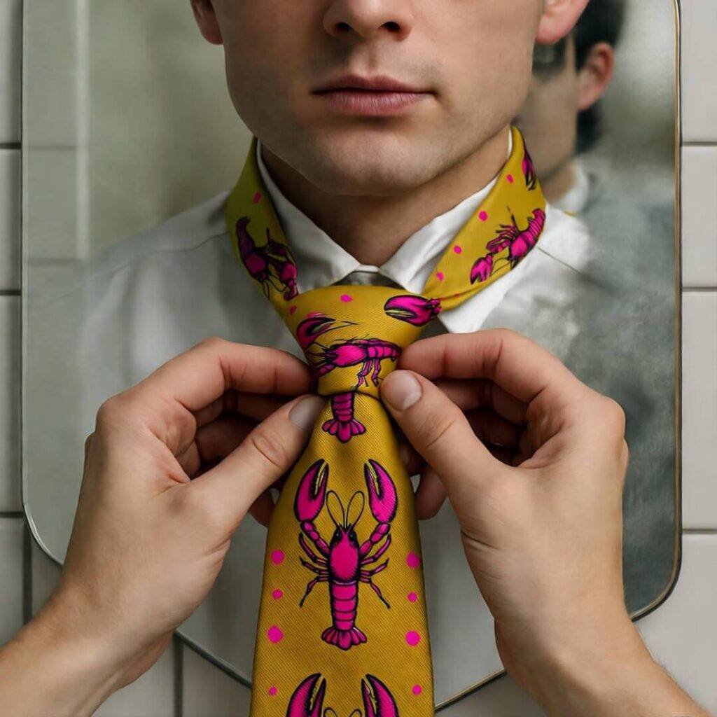 Man fixing lobster tie in foggy mirror, half-smirk, mustard yellow, pink pops.