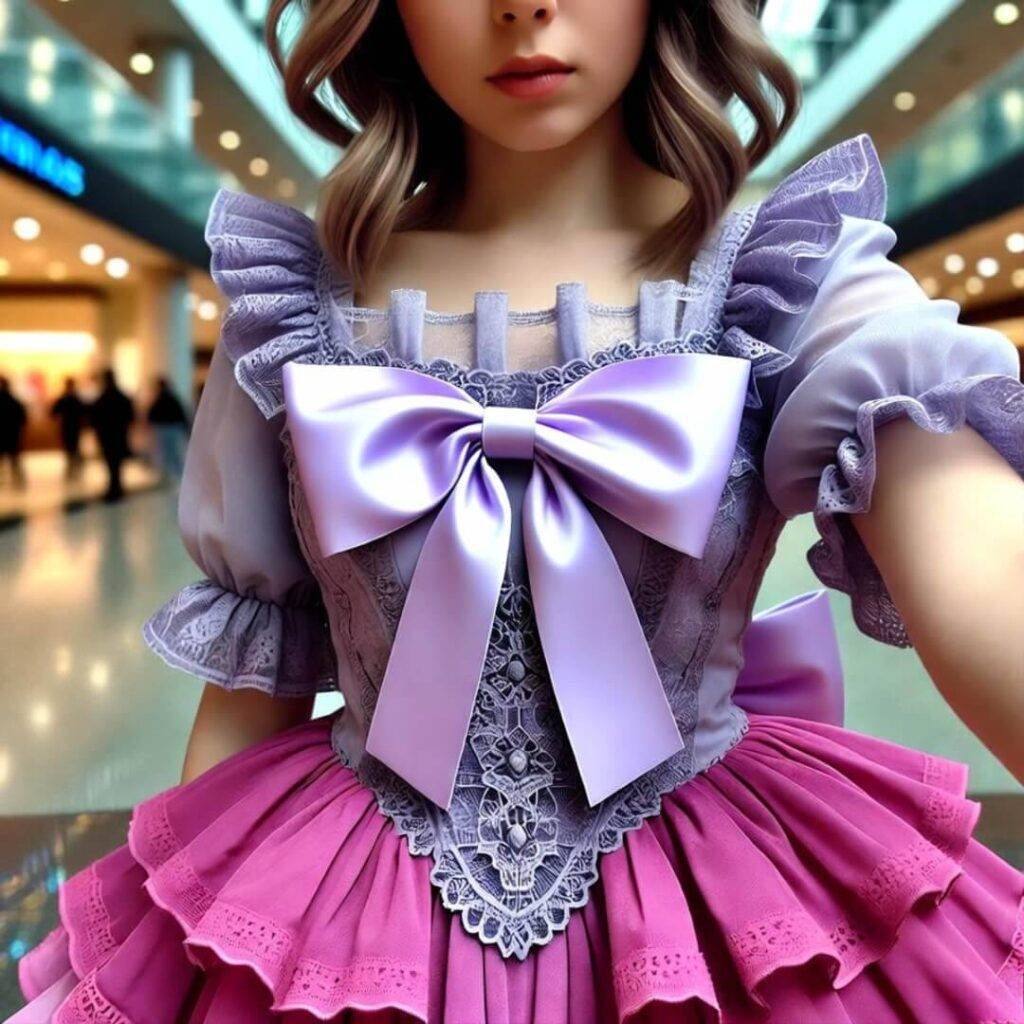 Goofy selfie in frilly Lolita dress, giant lavender bow, hot pink, US mall.