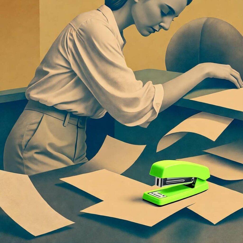 Retro figure in flowy outfit leans on desk, papers fall, neon green stapler.