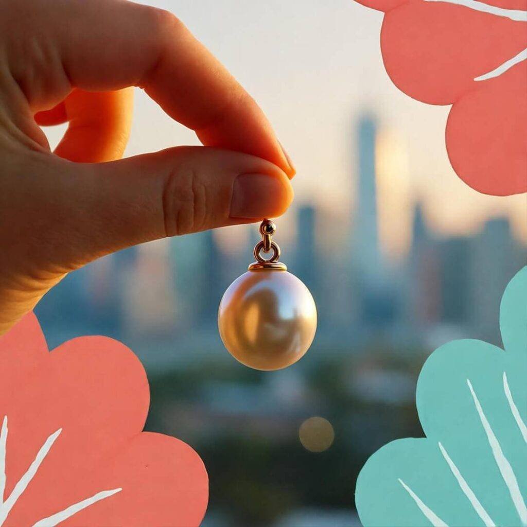 Hand holds pearl earring against blurry NYC sunset skyline, coral and teal pops.