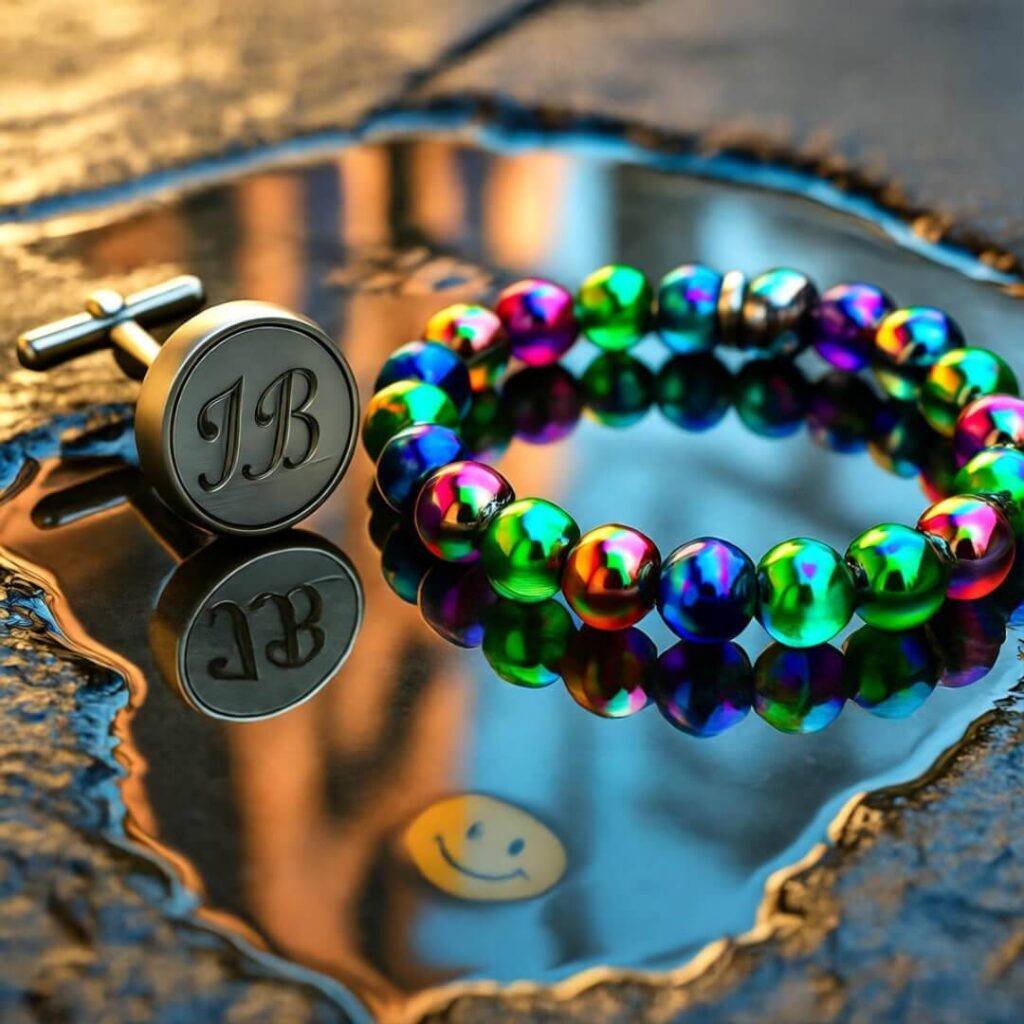 Cufflinks and bracelet reflect in puddle with smiley ripples, teal-yellow tones.