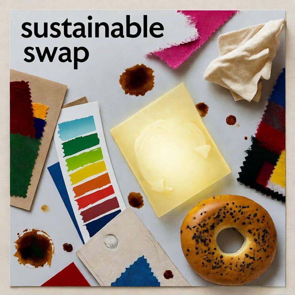 Cluttered sustainable swap table with swatches, coffee stains, glowing bagel.