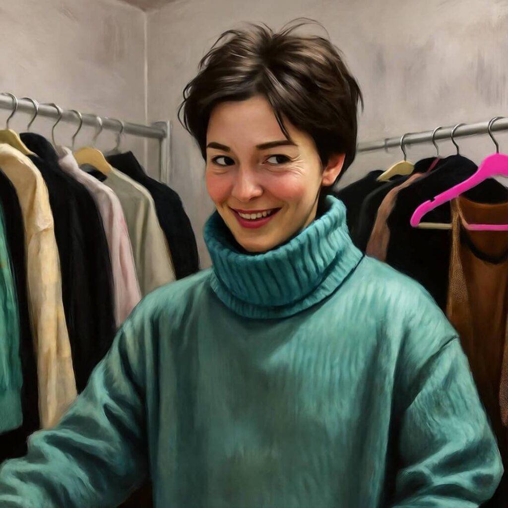 Impressionistic painting of person in oversized sweater, jumbled hangers, pink and green tones.