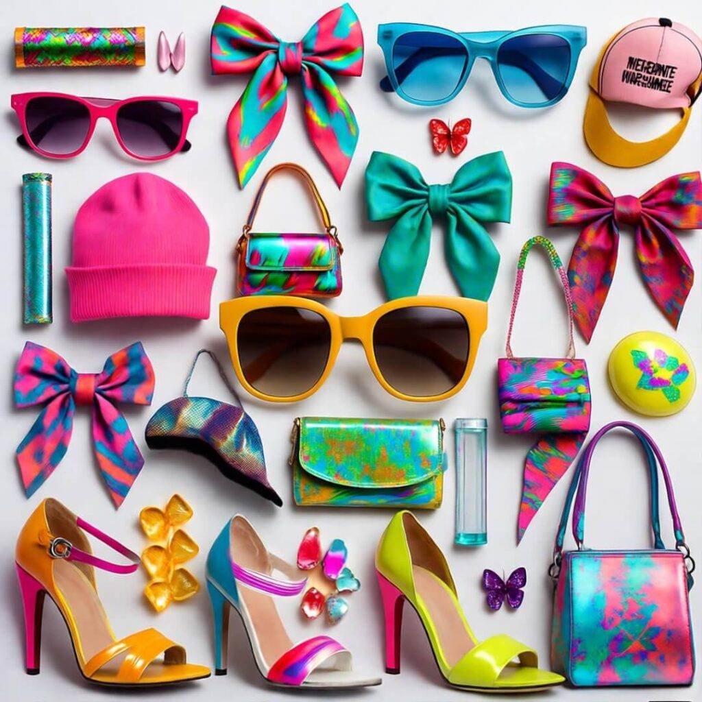 Messy 2000s accessories collage, bright Insta style, vibrant bows and shoes.