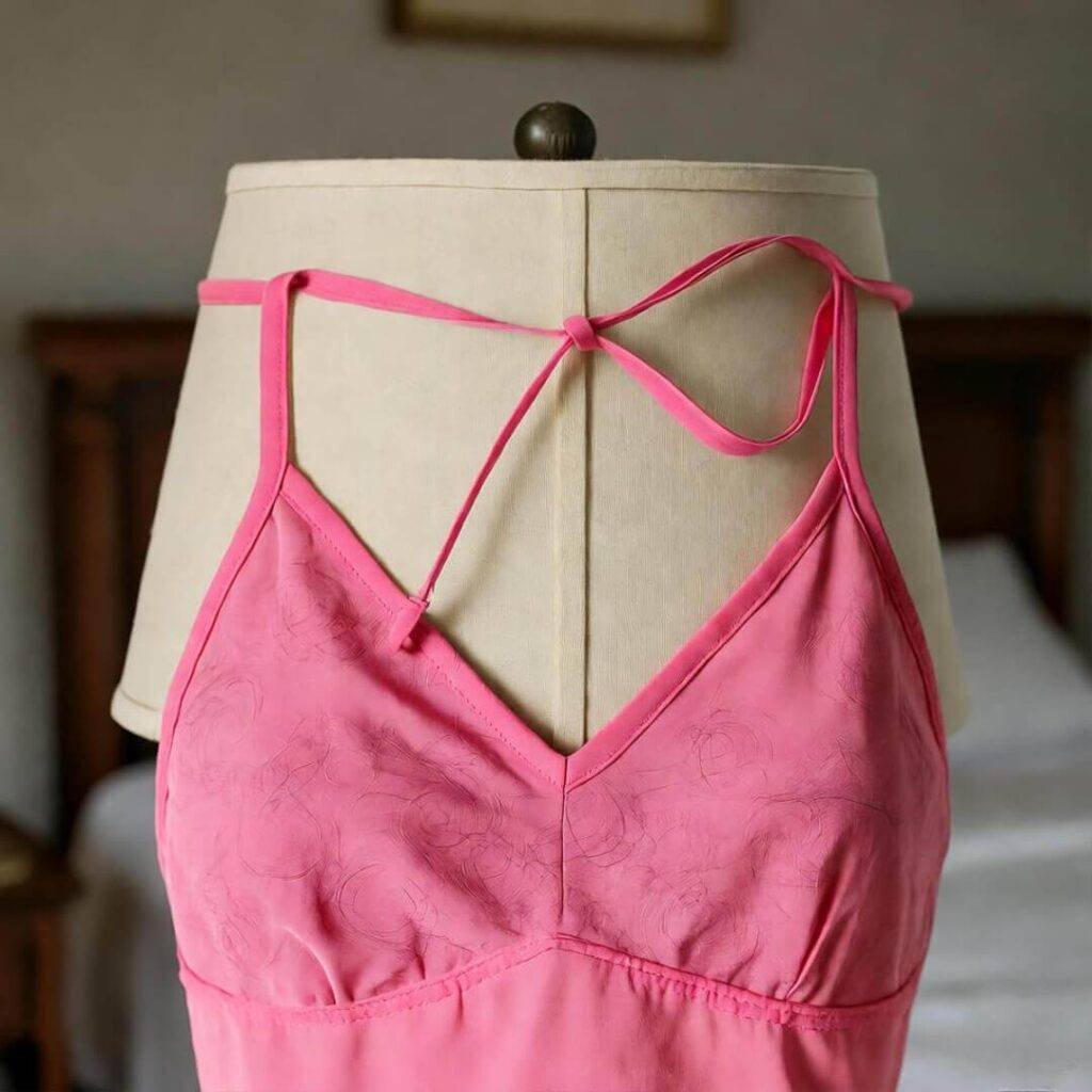 Flamingo-pink halter top tangled on lamp shade, hot pink thread, cat hair.