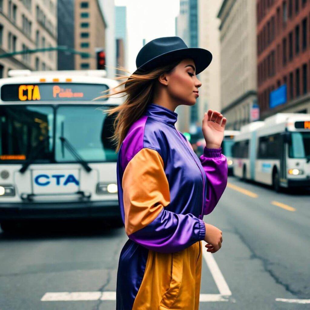 Person in upcycled outfit on windy Chicago street, CTA buses, purple-orange tones.