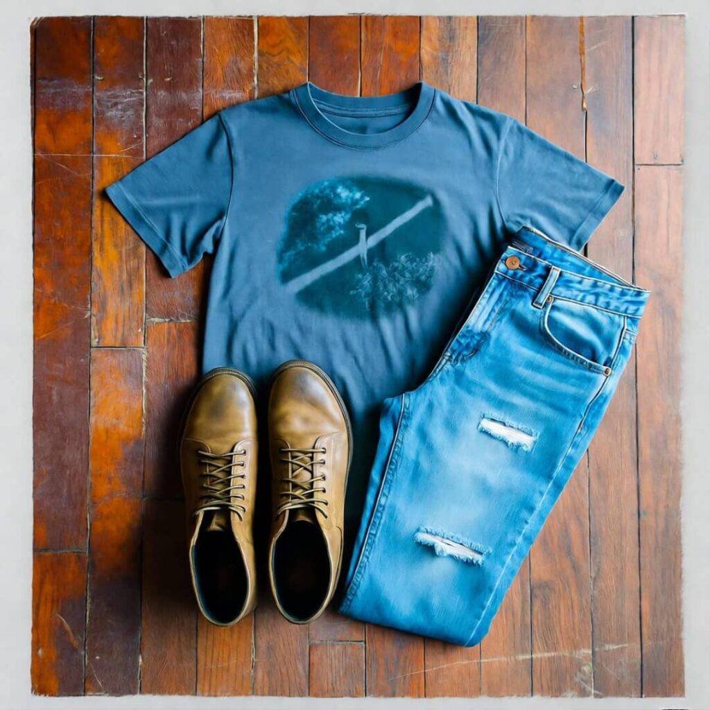 Faded tee, patched jeans, scuffed boots on scratched floor, dusty browns, blue.