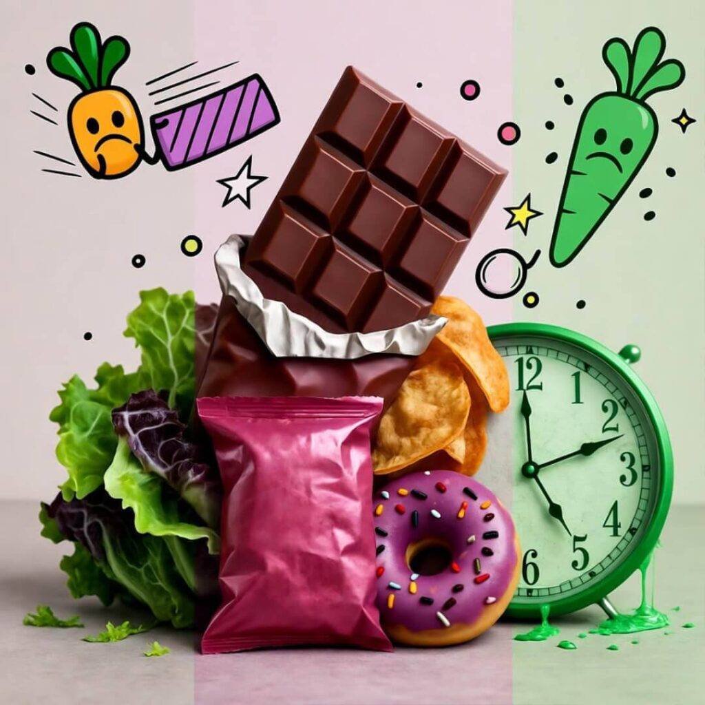 Junk food pile with wilted salad, melting clock, frowning veggies chase candy bars.