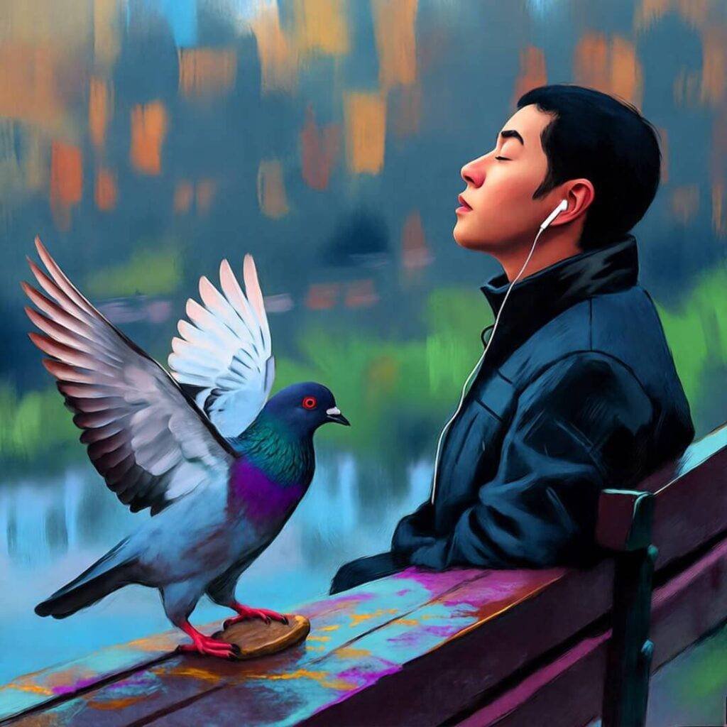 Person with earbuds on bench, pigeons fight over bagel, neon blue-magenta on green.