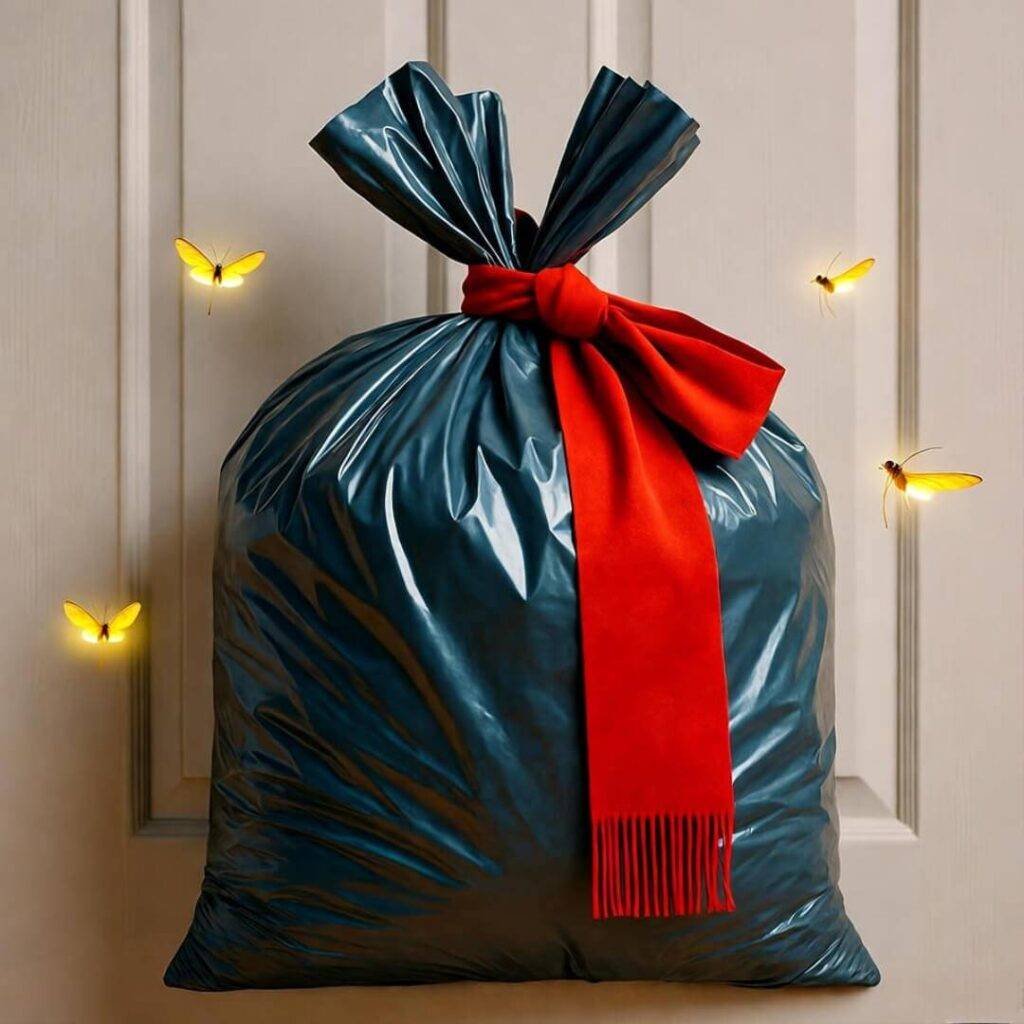 Overfilled trash bag with red scarf, glowing fireflies, by apartment door.