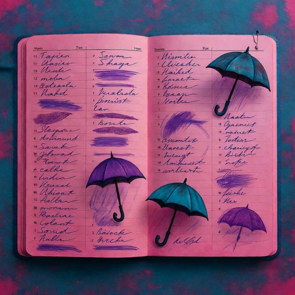 Open planner with scratched tasks, umbrella doodles, magenta and teal, chaotic optimism.