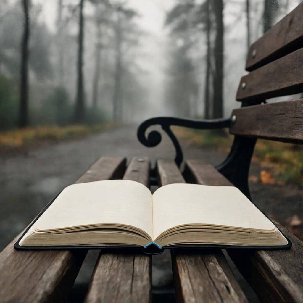 Foggy Portland morning, sketchbook ditched on bench, fiery orange, lilac, hopeful sadness.