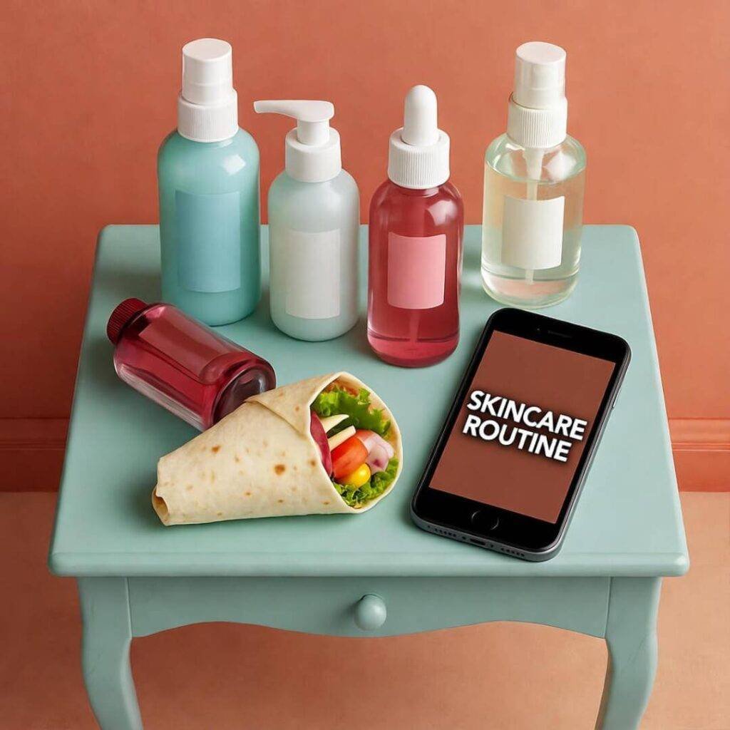 Messy nightstand with skincare, burrito, phone on X vid, coral-mint tones.