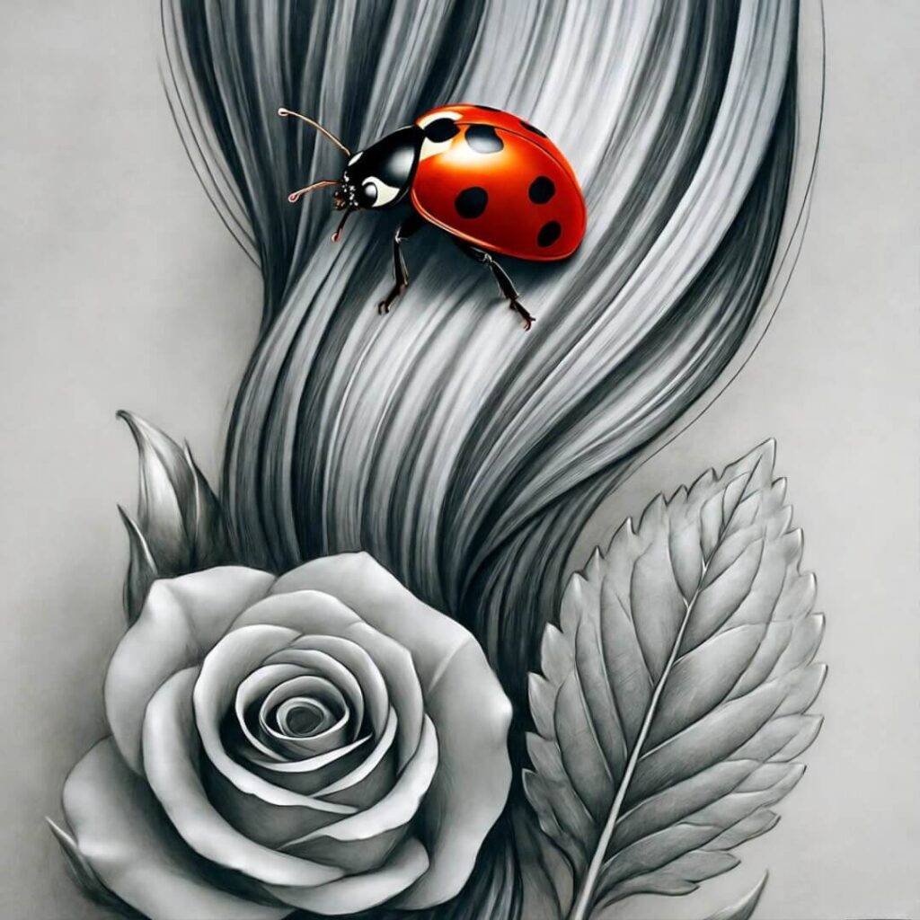 Sketch of shiny strand with ladybug perch, rose, mint leaf, and sad hair.